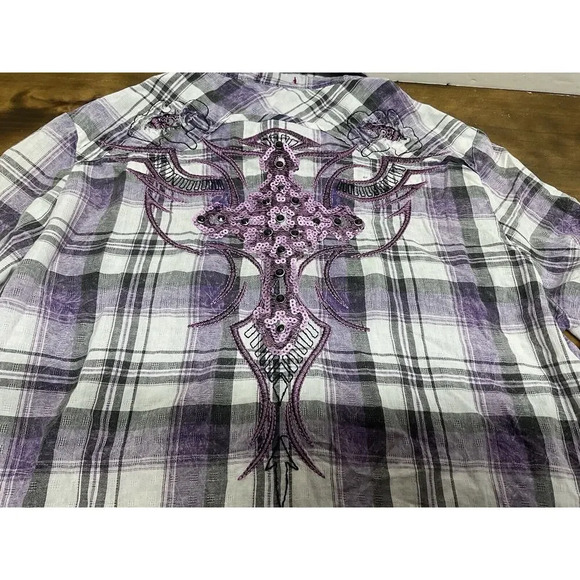 Roar Woman Western M Button Up Long Sleeve Blue Purple Embroidered Stretch Shirt - Picture 10 of 11